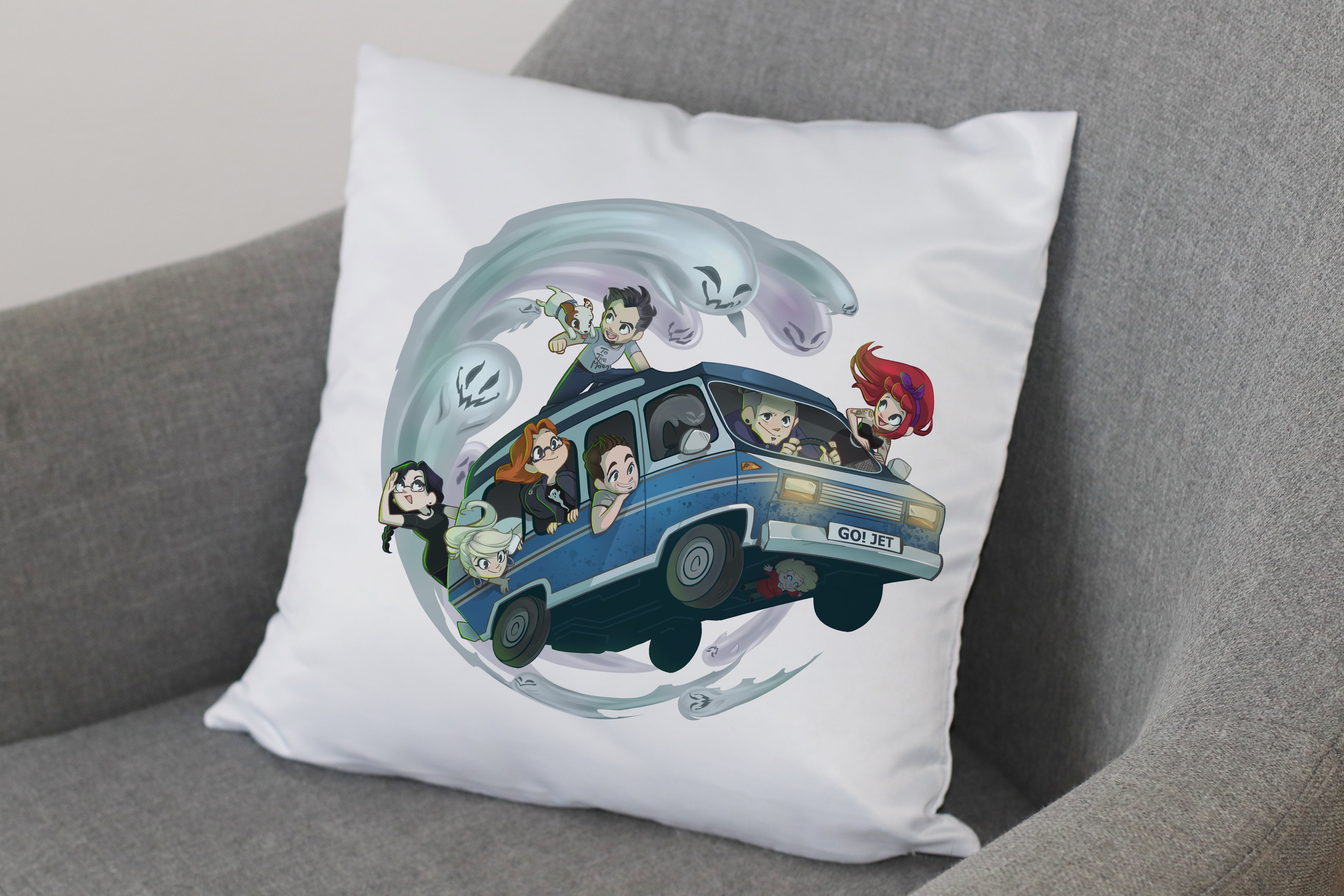 Kissen (40x40 cm) – Motiv "Geisterakten-Team im Jet 01"